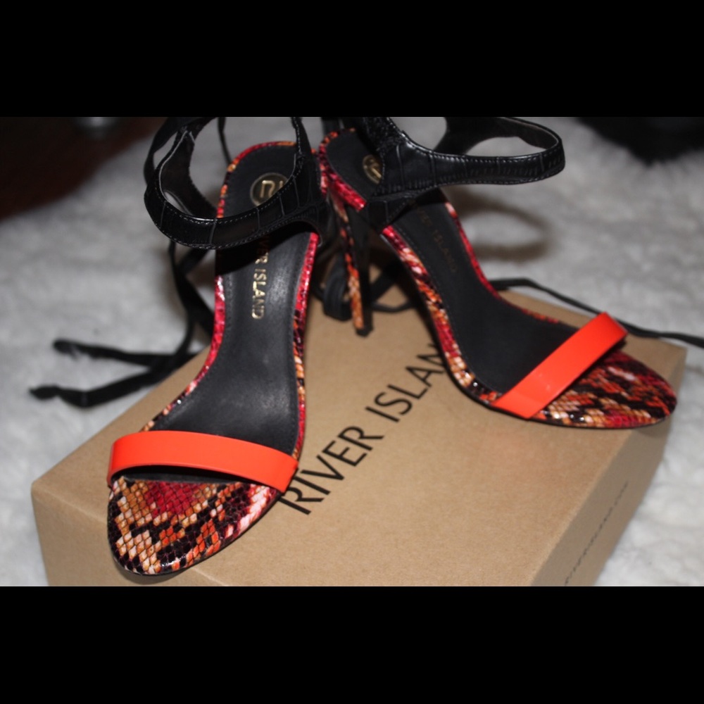 Red faux python print ankle tie heels